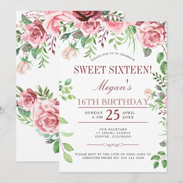 16th Birthday Pink Roses Chic Sweet Sixteen Party Invitation (Front/Back)