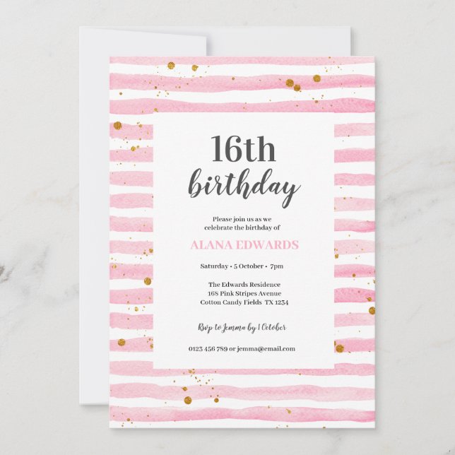 16th Birthday Pink Stripe Party Invitation (Front)