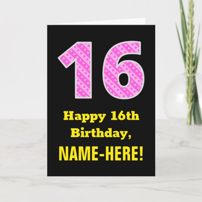 16th Birthday: Pink Stripes and Hearts "16" + Name Card (Front)
