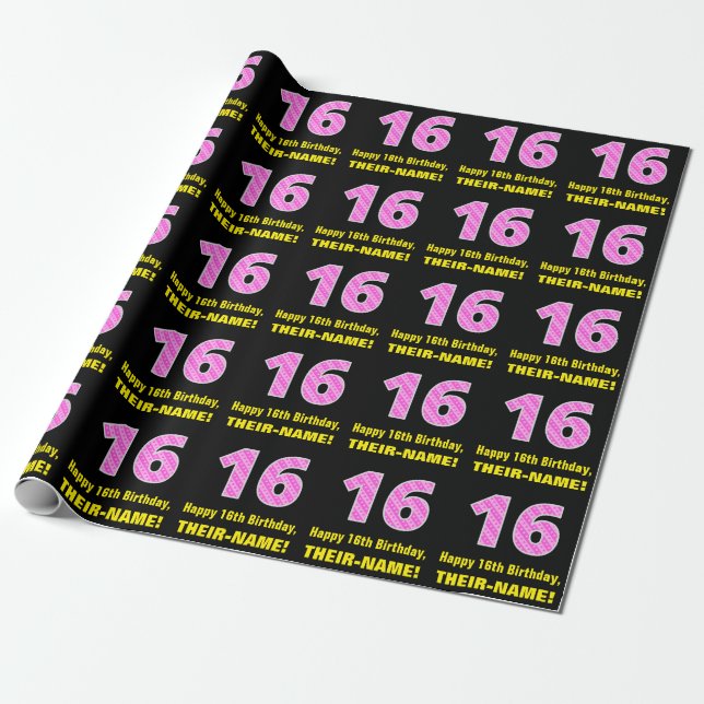 16th Birthday: Pink Stripes and Hearts "16" + Name Wrapping Paper (Unrolled)