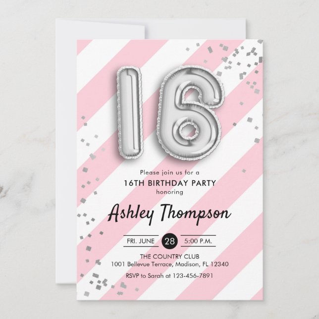 16th Birthday - Pink Stripes and Silver Balloons Invitation (Front)