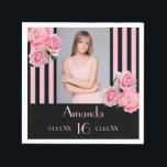 16th birthday pink stripes floral black photo napkin<br><div class="desc">Elegant, classic, glamourous and feminine style napkin for a 16th birthday party. Classic and chic slim black and pink vertical stripes. Pink faux glitter stripes. Decorated with pink flowers, peonies and roses. Templates for a name, age 16 , date of birth and the date of the anniversary. Template for your...</div>