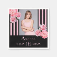 16th birthday pink stripes floral black photo