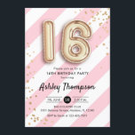16th Birthday - Pink Stripes Gold Balloons Invitation<br><div class="desc">Sweet 16th birthday party invitation. Elegant design in faux glitter gold with pink and white stripes. Invite card with gold number 16 balloons,  script font with confetti. Perfect for a stylish sweet sixteen bday celebration. Message me if you need custom age.</div>