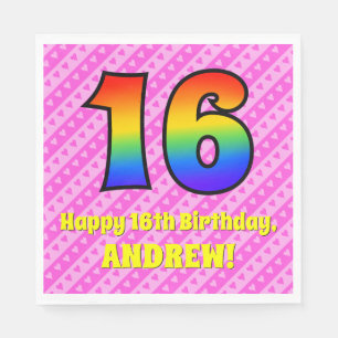 16th Birthday: Pink Stripes & Hearts, Rainbow # 16 Napkin