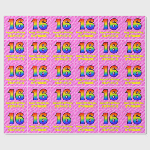 16th Birthday: Pink Stripes & Hearts, Rainbow # 16 Wrapping Paper
