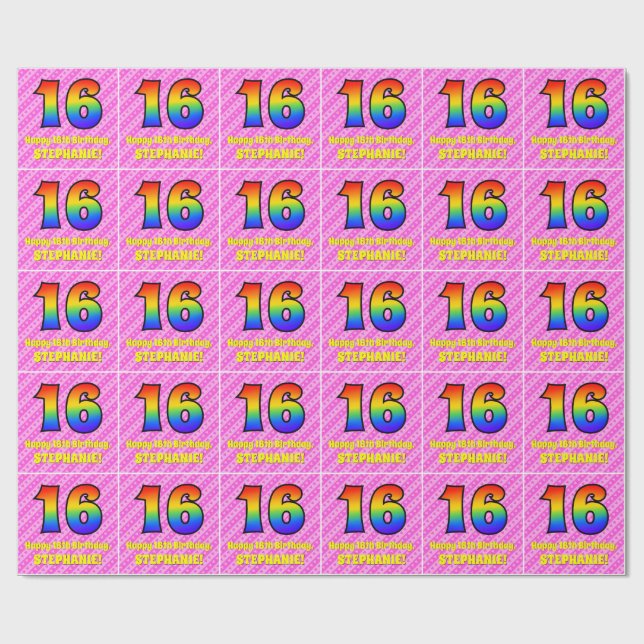 16th Birthday: Pink Stripes & Hearts, Rainbow # 16 Wrapping Paper (Flat)