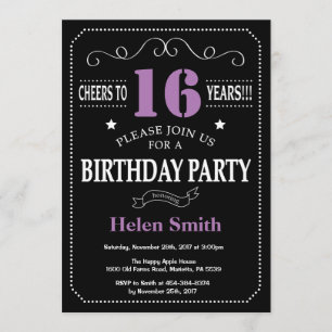 16th Birthday Purple and Black Chalkboard Invitation