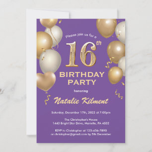 16th Birthday Purple and Gold Glitter Balloons Invitation