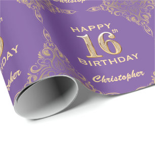16th Birthday Purple and Gold Glitter Frame Wrapping Paper