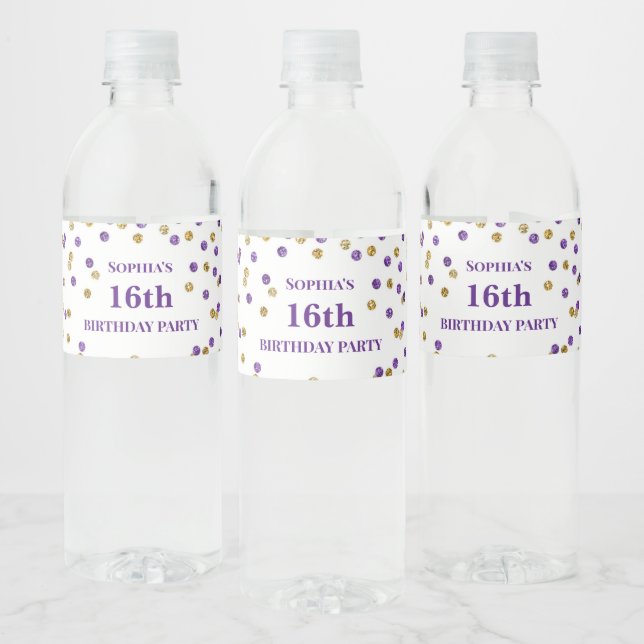 16th Birthday Purple Gold Confetti Water Bottle Label (Bottles)