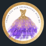 16th Birthday Purple Gold Glitter Dress Thank You Classic Round Sticker<br><div class="desc">Purple Gold Glitter Dress 16th Birthday Thank You Classic Round Sticker</div>