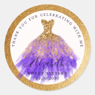 16th Birthday Purple Gold Glitter Dress Thank You Classic Round Sticker