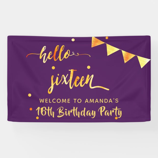 16th birthday purple gold hello 16 typography name banner (Horizontal)