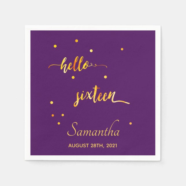 16th birthday purple gold hello 16 typography name napkin (Front)