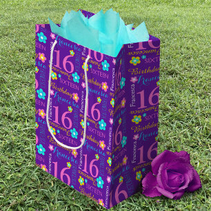 16th Birthday purple pink yellow aqua custom name Medium Gift Bag