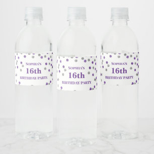 16th Birthday Purple Silver Confetti Water Bottle Label