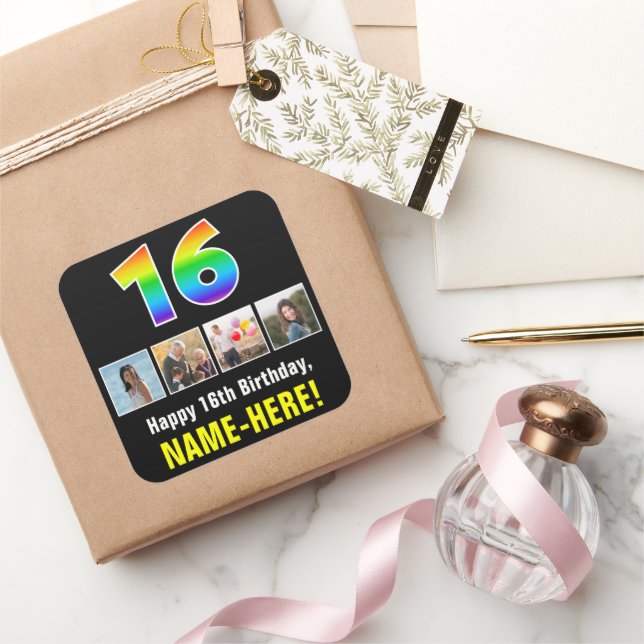 16th Birthday: Rainbow “16”; Custom Photos & Name Square Sticker (Gifting)