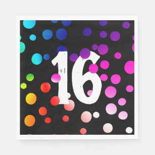 16th Birthday Rainbow Dots on Black Napkin