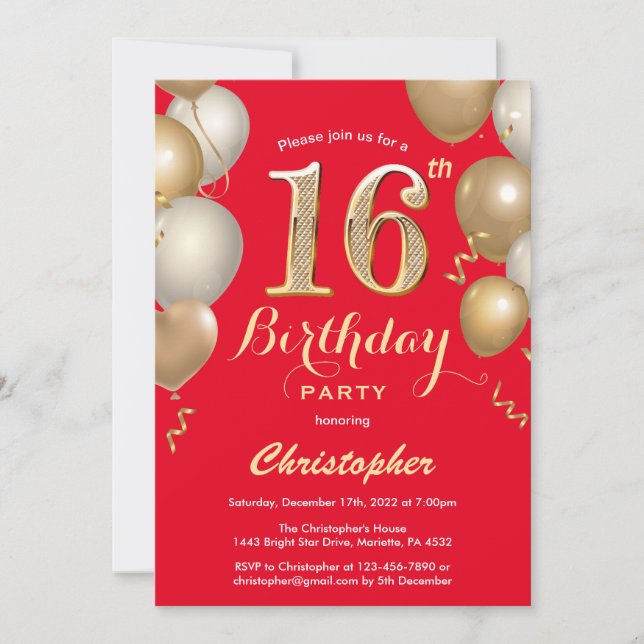 16th Birthday Red and Gold Balloons Confetti Invitation (Front)