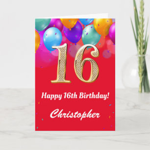 16th Birthday Red and Gold Colourful Balloons Card