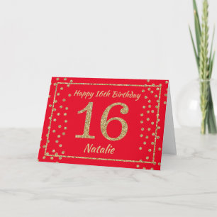 16th Birthday Red and Gold Glitter Confetti Card
