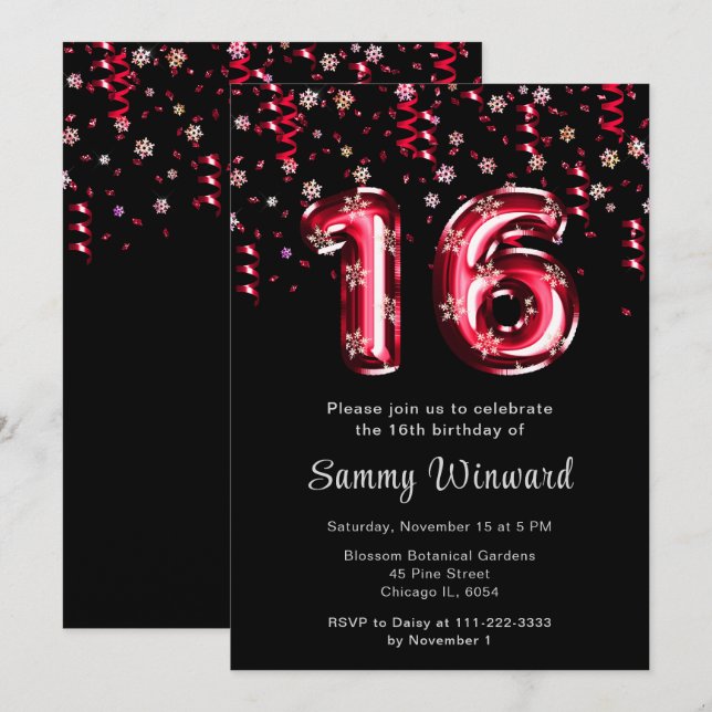 16th Birthday Red Balloons Snowflake Confetti Invitation (Front/Back)