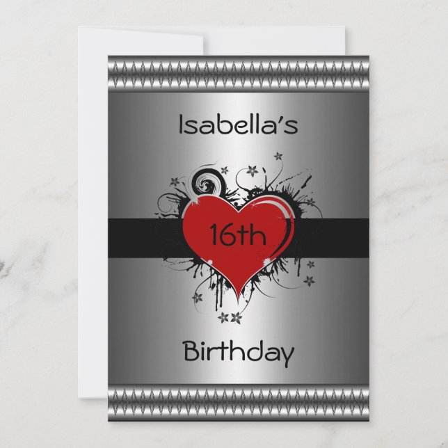16th Birthday Red Black Floral Heart Silver Invitation (Front)