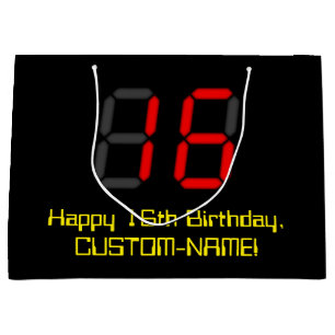 16th Birthday: Red Digital Clock Style "16" + Name Large Gift Bag