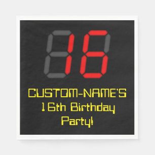 16th Birthday: Red Digital Clock Style "16" + Name Napkin