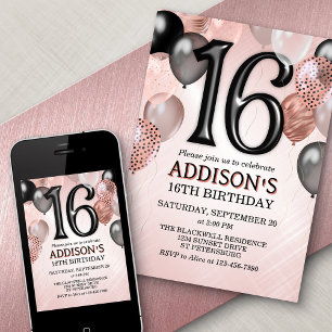 16th Birthday Rose Gold Balloons Invitation