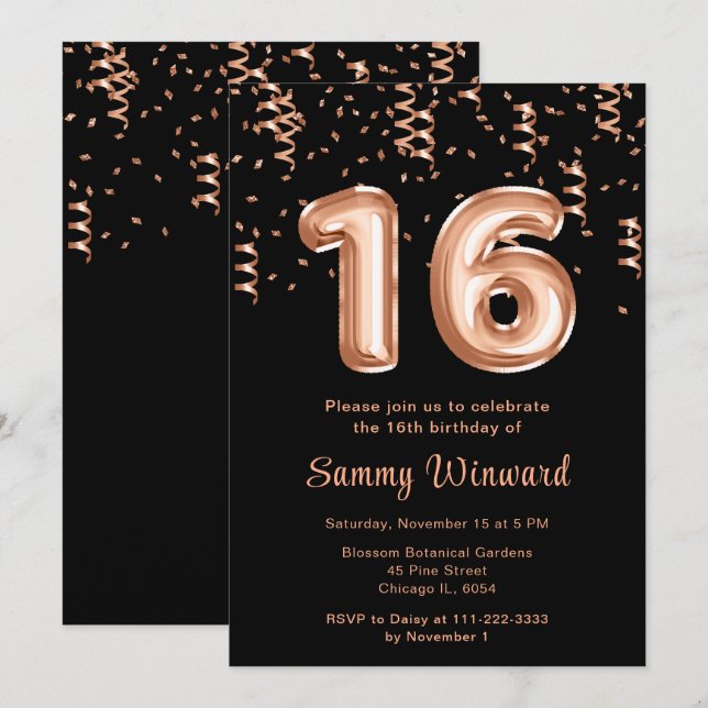 16th Birthday Rose Gold Balloons with Confetti Invitation (Front/Back)