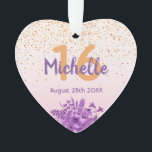 16th birthday rose gold confetti purple flowers ornament<br><div class="desc">Glamourous with elegant and modern rose gold,  blush pink gradient backdrop for a Sweet 16th birthday. With ultra violet and purple coloured watercolored flowers and golden confetti rain. Templates for name,  age 16 and date,  purple and golden coloured letters.  Perfect as Sweet 16th birthday gift,  party decoration or keepsake.</div>