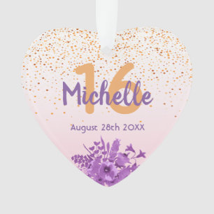 16th birthday rose gold confetti purple flowers ornament