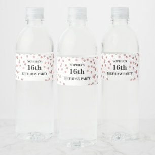 16th Birthday Rose Gold Confetti Water Bottle Label