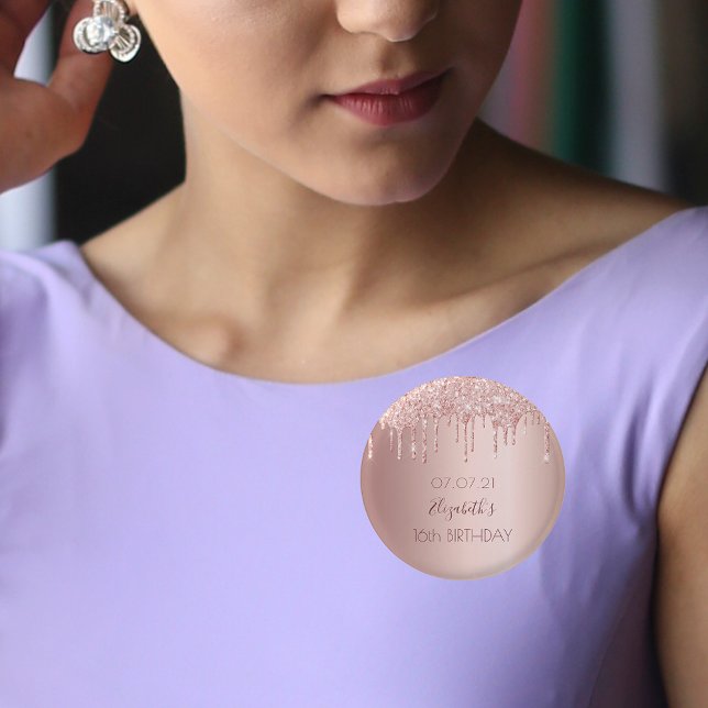 16th birthday rose gold drips name 3 cm round badge (Creator Uploaded)