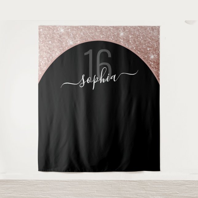 16th Birthday Rose Gold Glitter Arch Personalised Tapestry (Front)