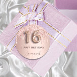 16th birthday rose gold glitter pink balloon style classic round sticker<br><div class="desc">Elegant, classic, glamorous and girly for a Sweet 16, 16th birthday party. Rose gold and blush pink, gradient background. Decorated with rose gold, pink faux glitter drips, paint dripping look. Personalize and add a name. With the text: Happy Birthday. The name is written with a modern dark rose colored hand...</div>