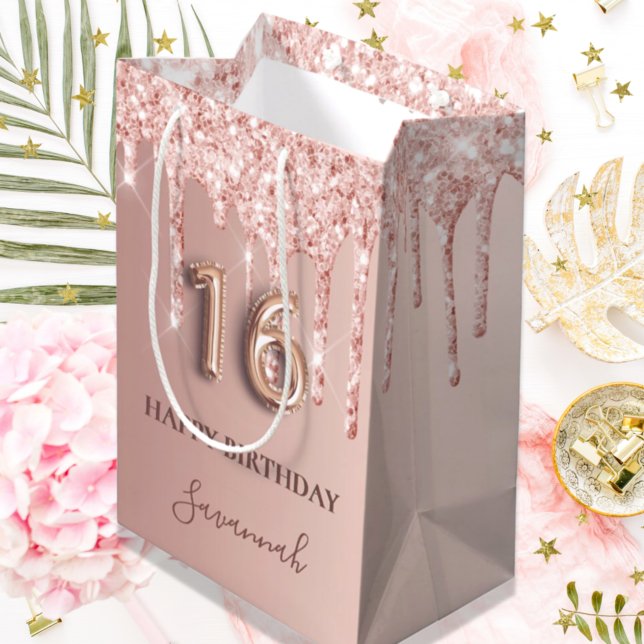 16th birthday rose gold glitter pink balloon style medium gift bag (Creator Uploaded)