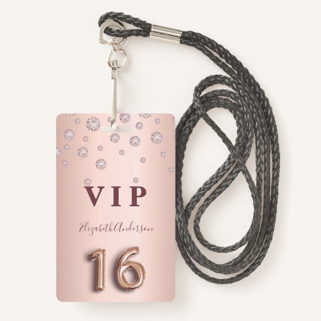 16th birthday rose gold pink diamonds balloon font ID badge (Front with Lanyard)