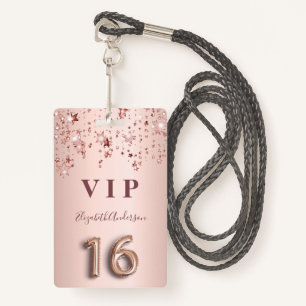 16th birthday rose gold pink stars balloon font ID badge