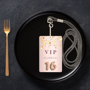 16th birthday rose gold pink stars balloon script ID badge