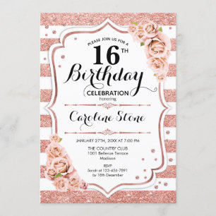 16th Birthday -  Rose Gold White Stripes Invitation