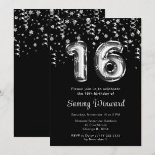 16th Birthday Silver Balloons Snowflake Confetti Invitation