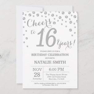 16th Birthday Silver Glitter Diamond Invitation