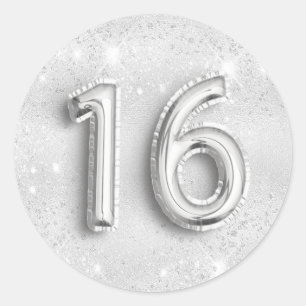 16th birthday silver glitter dust number 16 classic round sticker