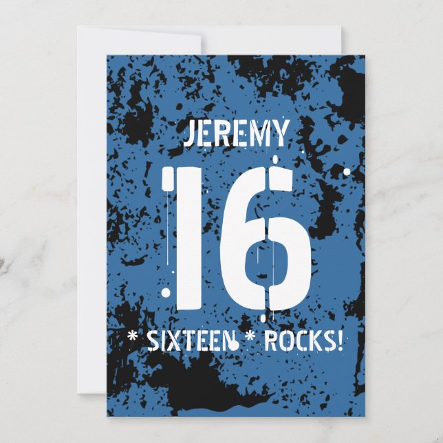16th Birthday Sixteen Rocks BLUE Grunge F16Z Invitation (Front)