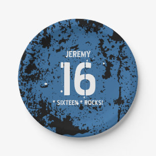 16th Birthday Sixteen Rocks BLUE Grunge F16Z Paper Plate