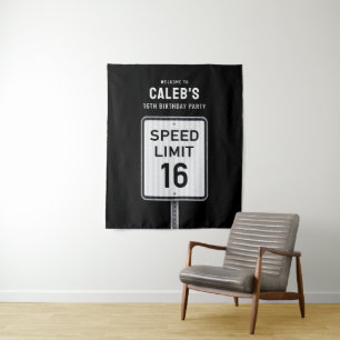 16th Birthday Speed Limit Backdrop Tapestry