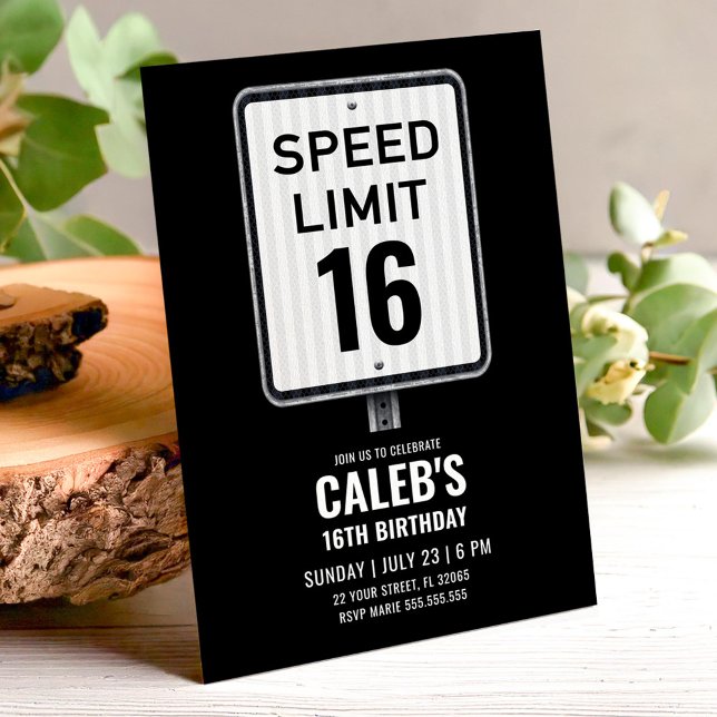 16th Birthday Speed Limit Black and White Sign Invitation (Creator Uploaded)